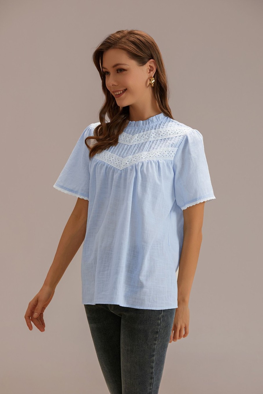 Wholesale Short Sleeve Ruffle Mock Neck Blouse Blue