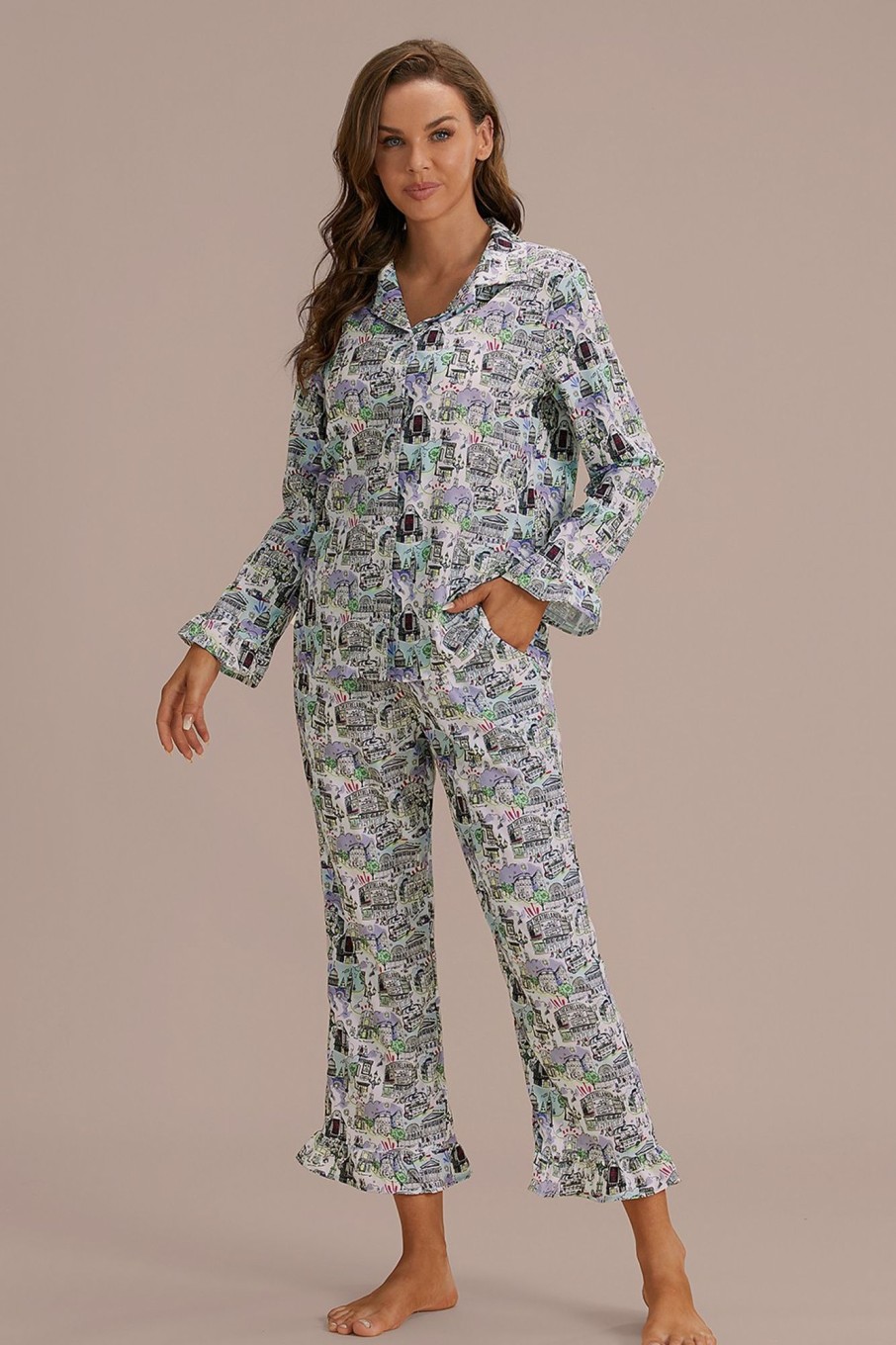 New Artist Curator Print Long Sleeve Collared Neck Pj Set Multi