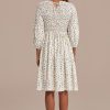 Hot 3/4 Length Sleeve Round Neck Smocked Midi Dress Floral