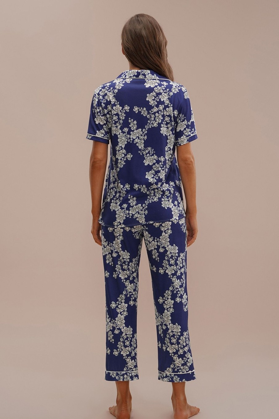 Hot Floral Short Sleeve Collared Neck Pj Set Navy