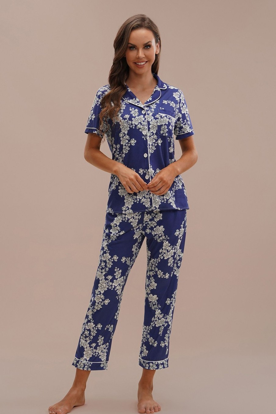 Hot Floral Short Sleeve Collared Neck Pj Set Navy