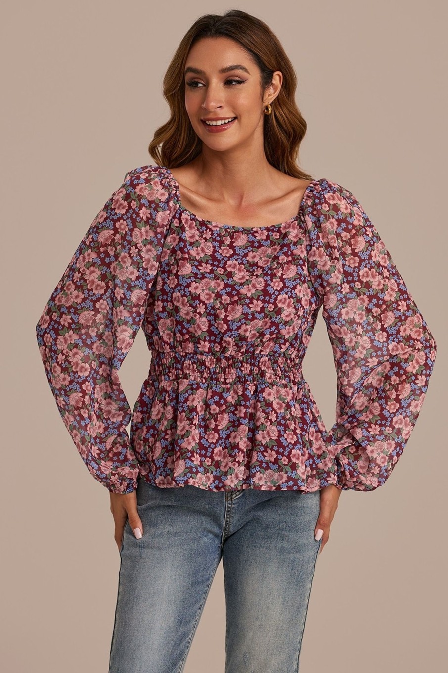 New Long Sleeve Square Neck Smocked Peplum Top Floral