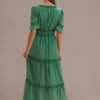 Best Half Ruffle Sleeve V Neck Tiered Maxi Dress Green