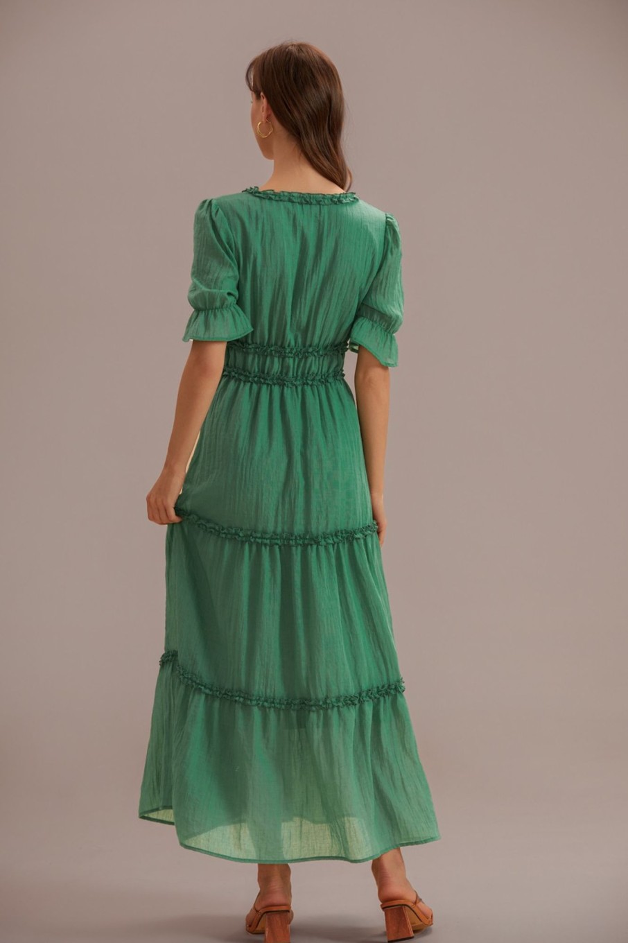 Best Half Ruffle Sleeve V Neck Tiered Maxi Dress Green