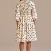 Online 3/4 Length Sleeve Round Neck Smocked Midi Dress Floral