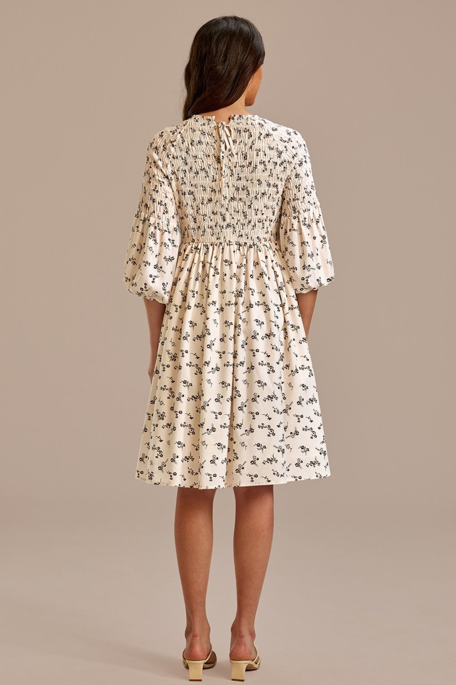 Online 3/4 Length Sleeve Round Neck Smocked Midi Dress Floral