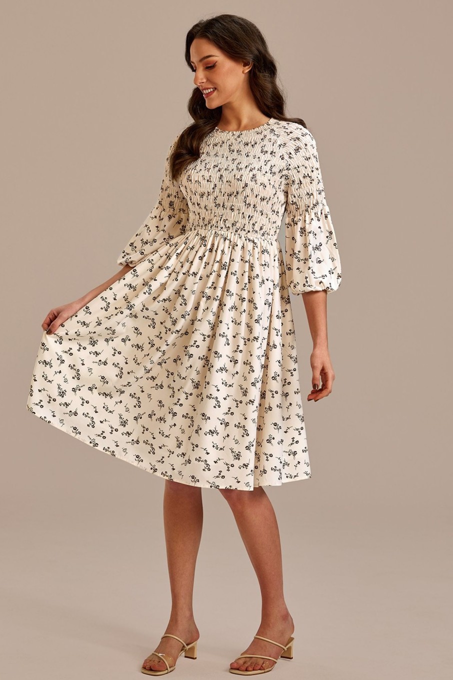 Online 3/4 Length Sleeve Round Neck Smocked Midi Dress Floral