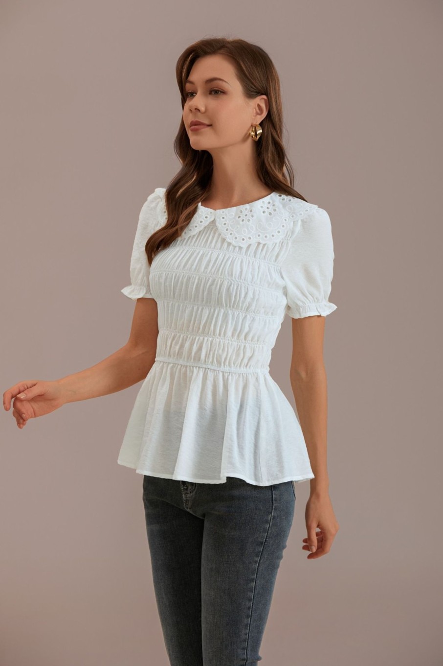 Best Round Neck Short Sleeve Blouse Ivory