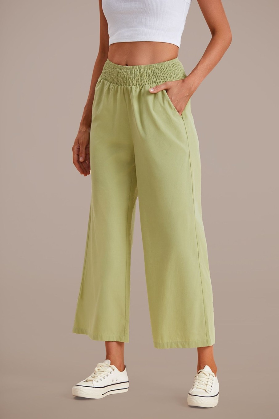 Wholesale Smocked Waist Wide Leg Pants Green