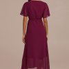 New Short Sleeve Cross V Neck Tie Waist Midi Dress Red