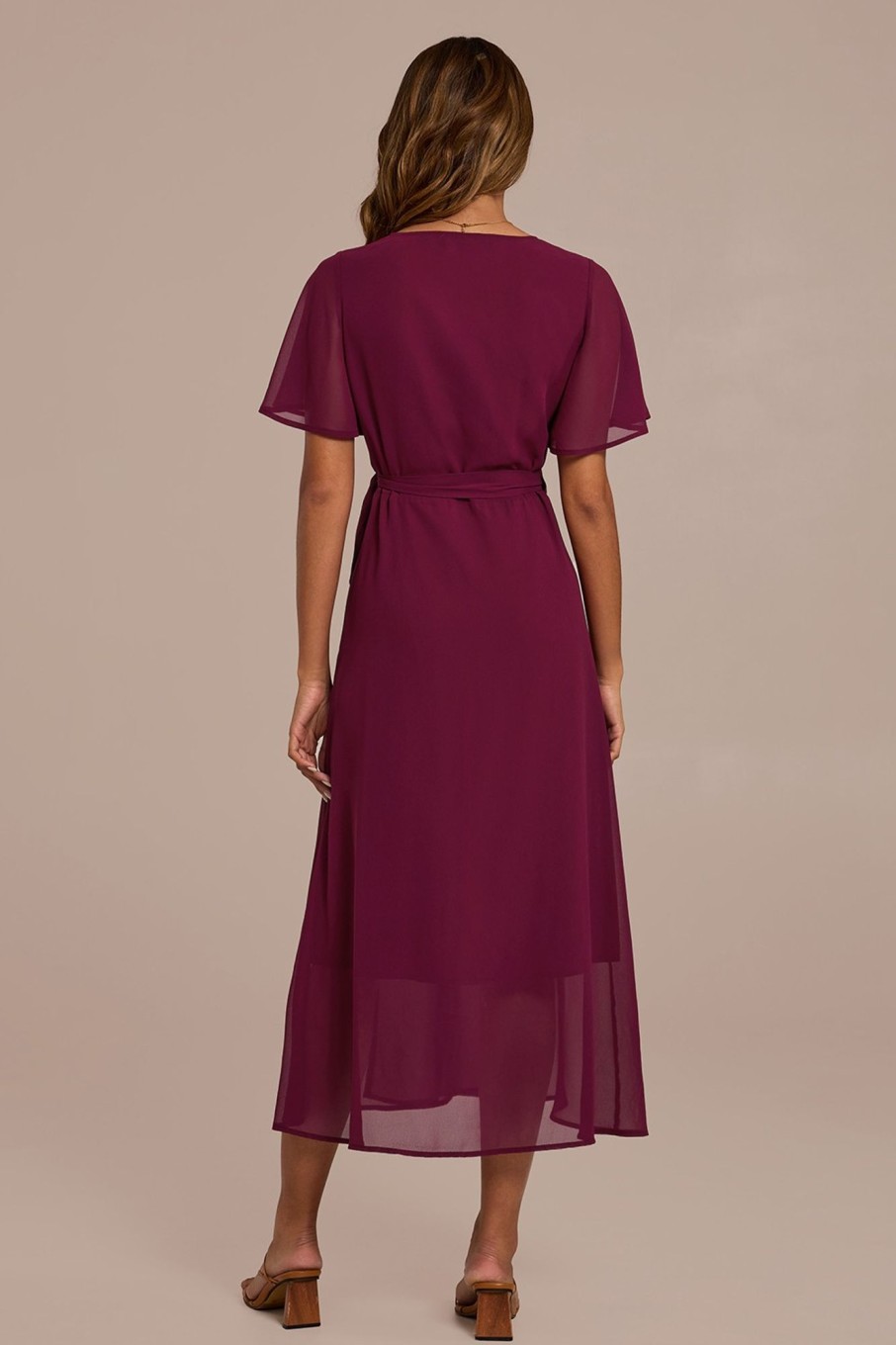 New Short Sleeve Cross V Neck Tie Waist Midi Dress Red