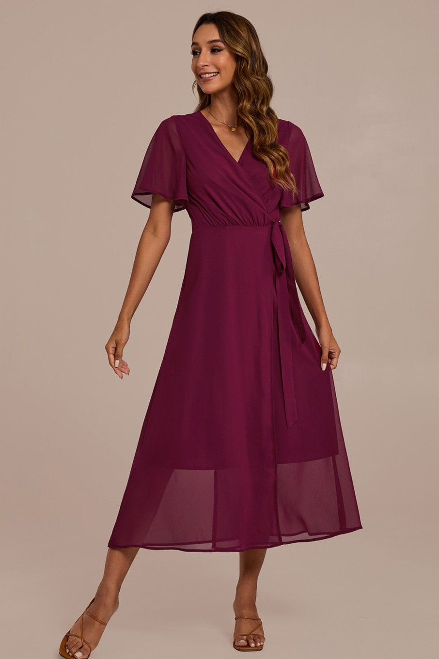 New Short Sleeve Cross V Neck Tie Waist Midi Dress Red