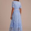 New Half Sleeve V Neck Button Detail Lace Embroidery Midi Dress