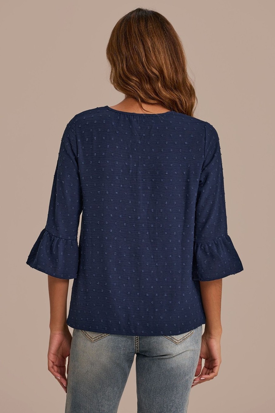 New Round Neck 3/4 Sleeve Blouse Navy Blue