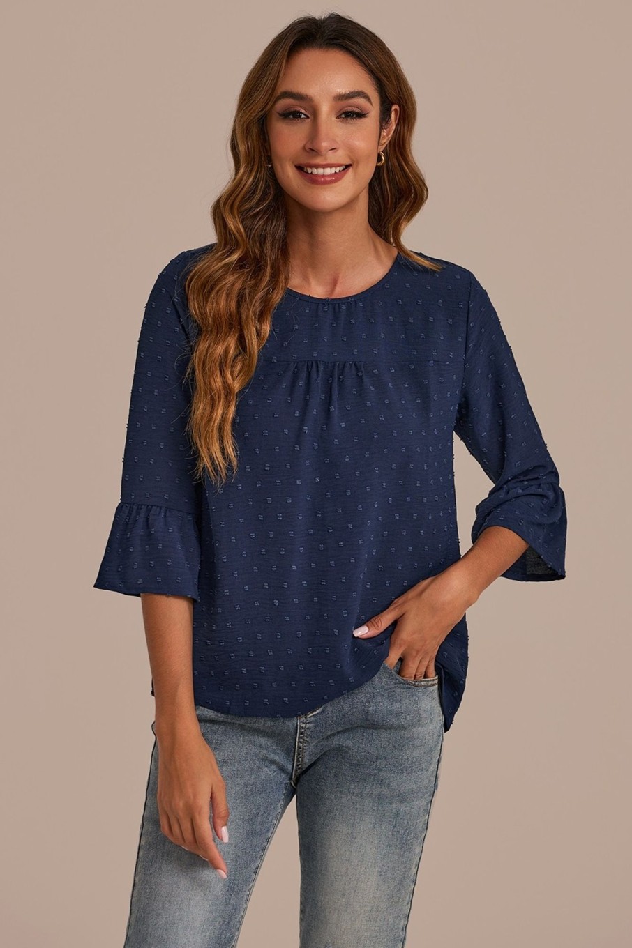 New Round Neck 3/4 Sleeve Blouse Navy Blue