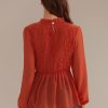 Best High Neck Long Sleeve Blouse Burnt Orange