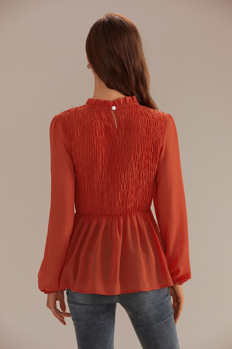 Best High Neck Long Sleeve Blouse Burnt Orange