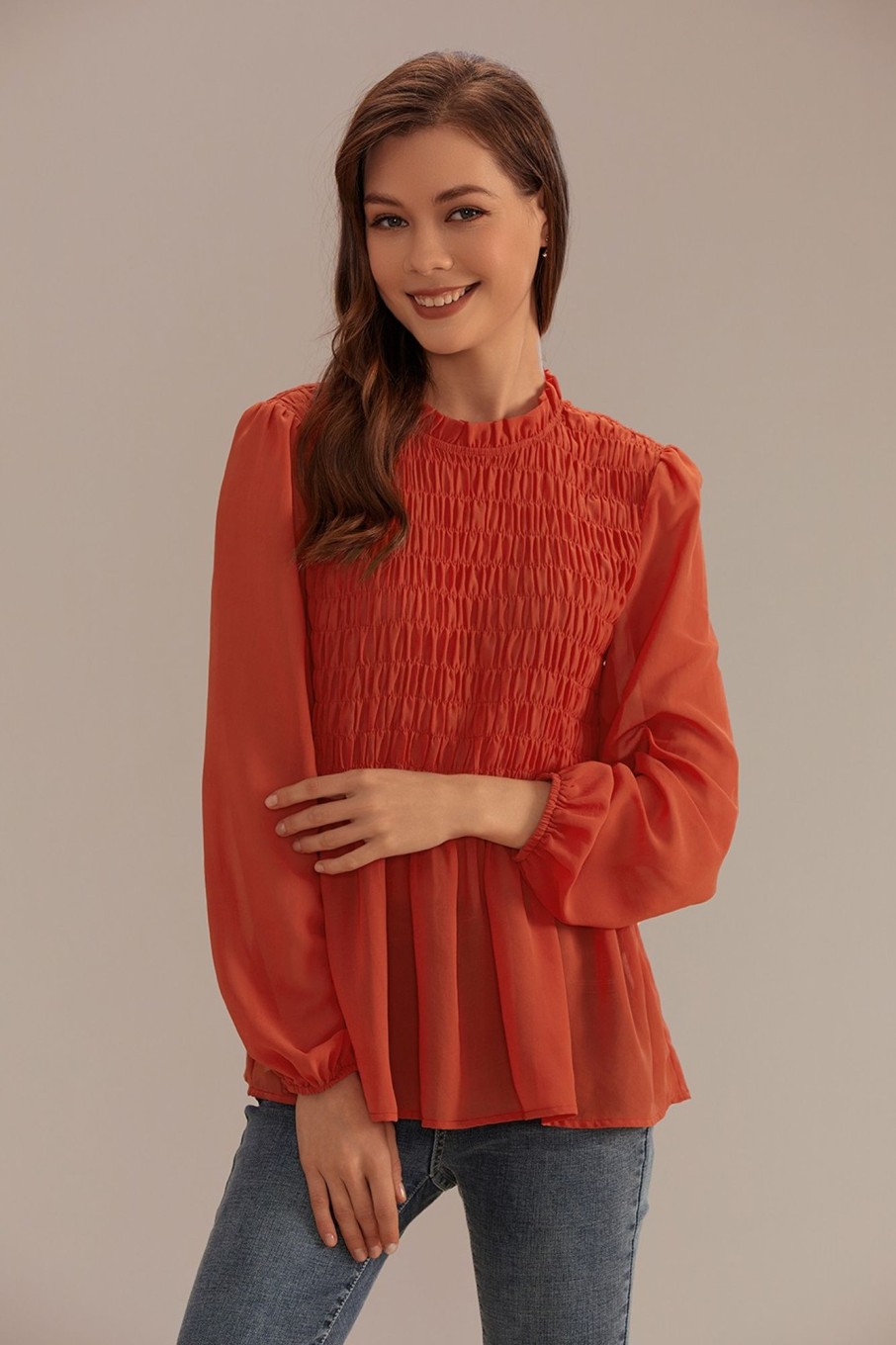 Best High Neck Long Sleeve Blouse Burnt Orange