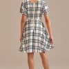 New Plaid Puff Short Sleeve Round Neck Front Pocket Midi Dress As Picture