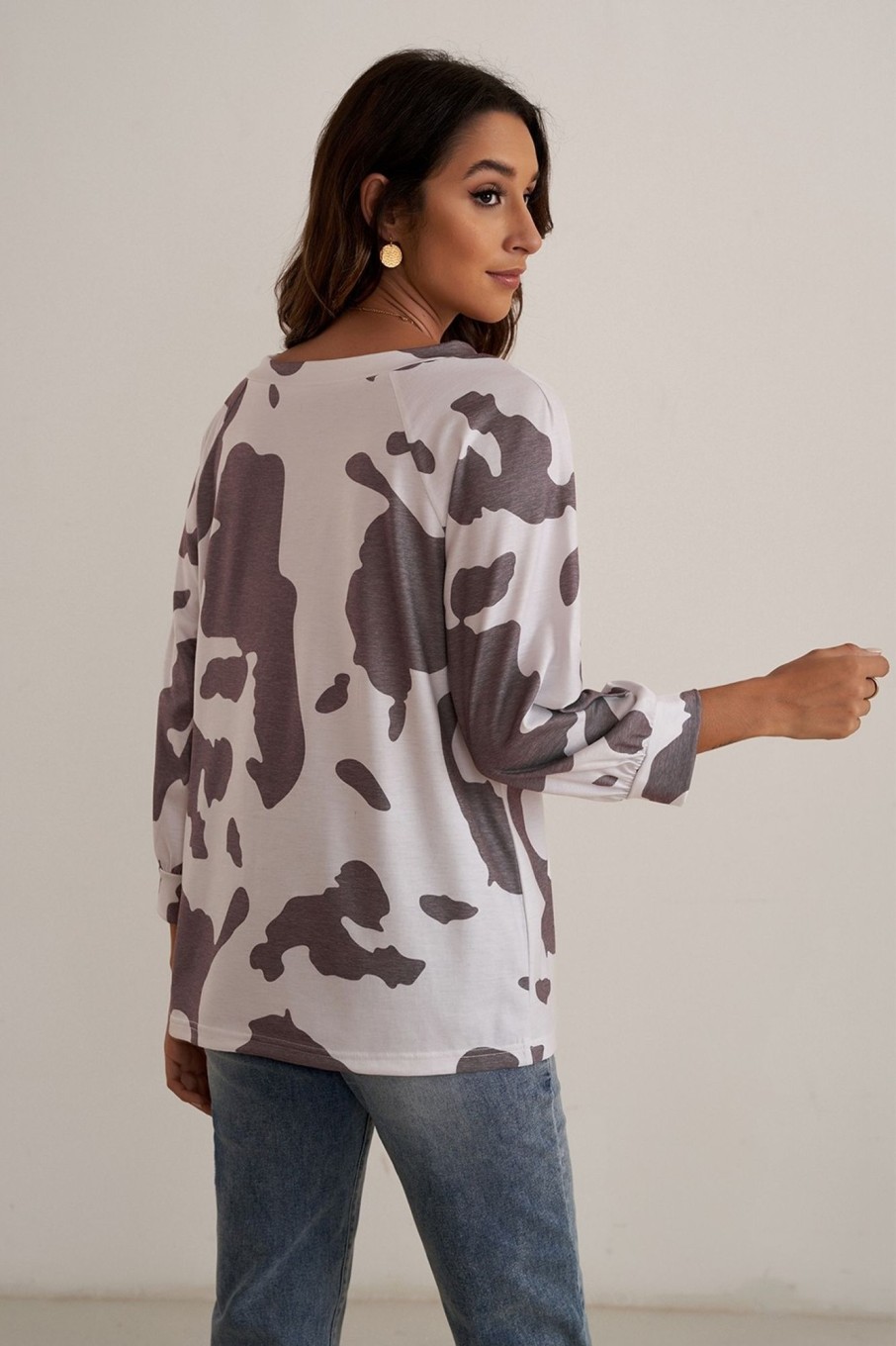 Wholesale Cow Print 3/4 Length Sleeve V Neck Soft Blouse Top Brown