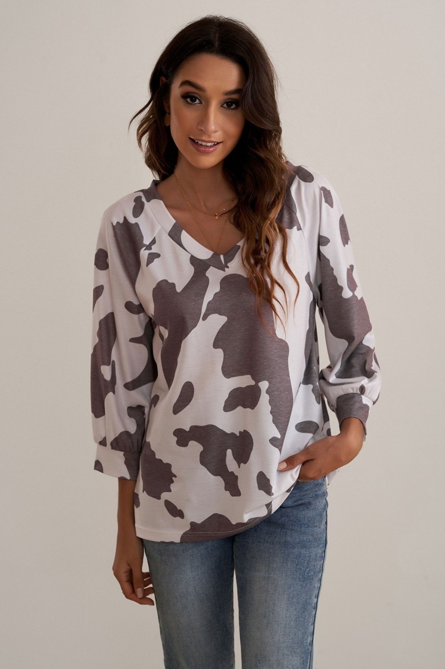 Wholesale Cow Print 3/4 Length Sleeve V Neck Soft Blouse Top Brown