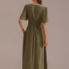 New Swiss Dot Short Sleeve V Neck Maxi Dress With Buttons Olive