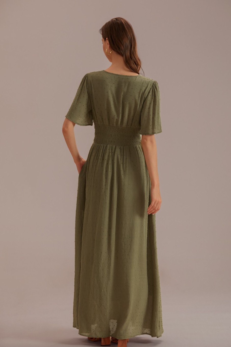 New Swiss Dot Short Sleeve V Neck Maxi Dress With Buttons Olive