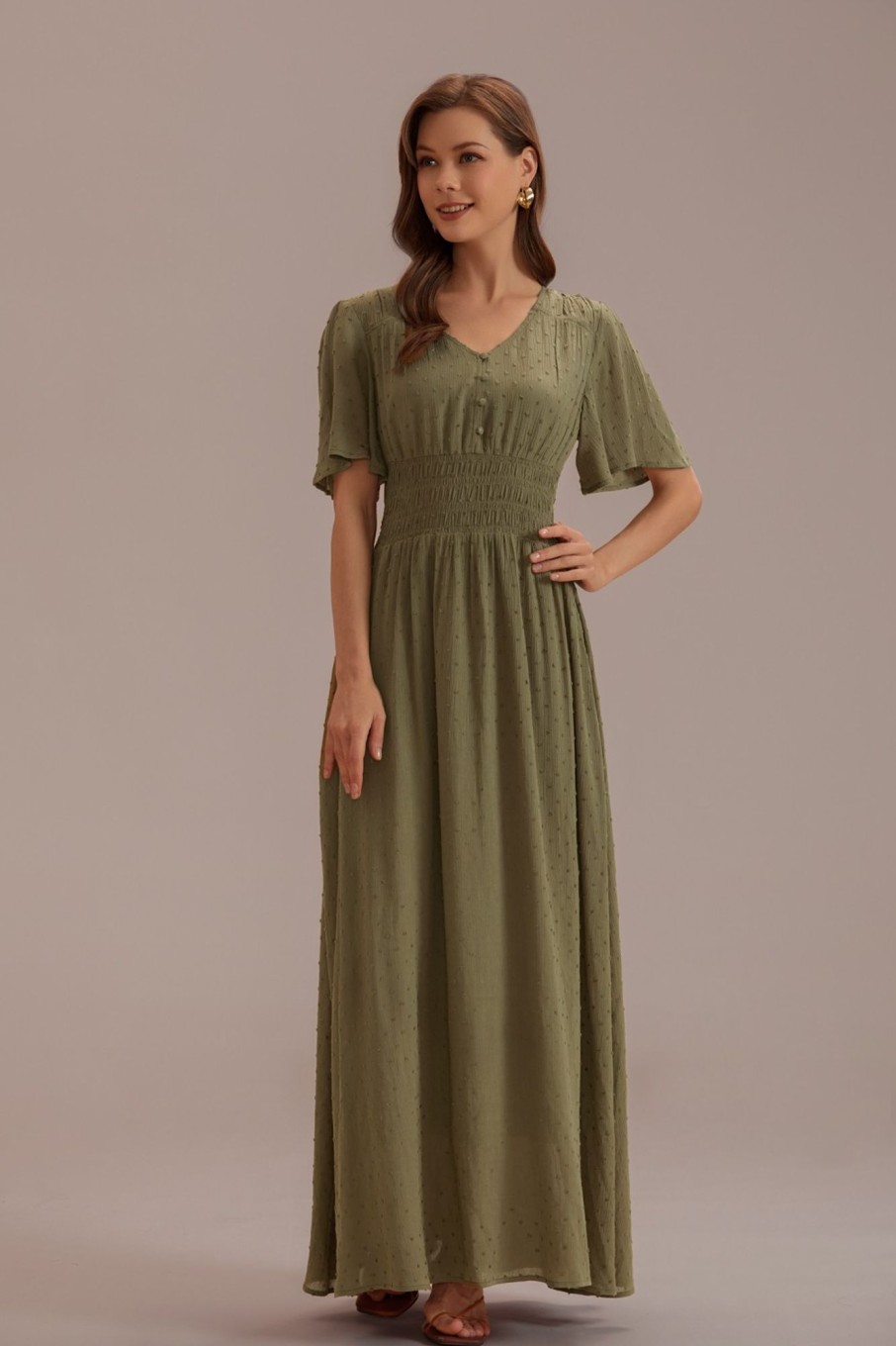 New Swiss Dot Short Sleeve V Neck Maxi Dress With Buttons Olive