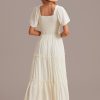 Online Puff Short Sleeve Square Neck Smocked Tiered Midi Dress Cream