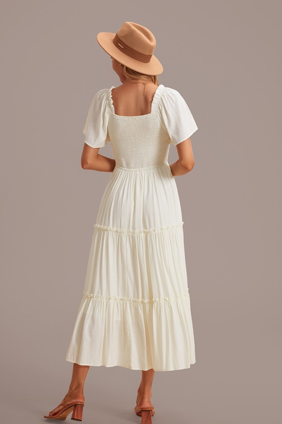 Online Puff Short Sleeve Square Neck Smocked Tiered Midi Dress Cream