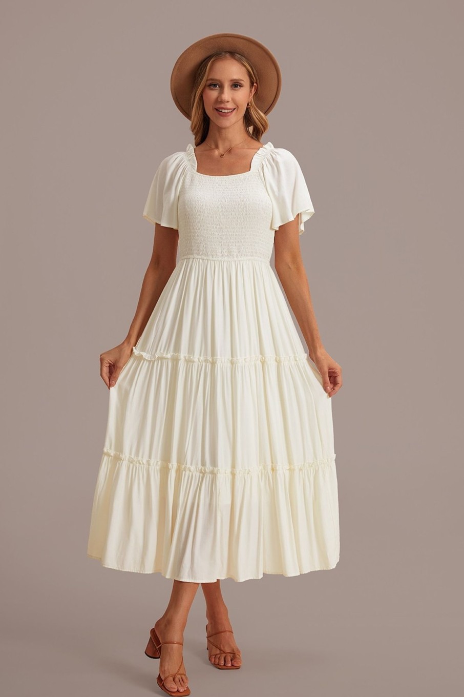 Online Puff Short Sleeve Square Neck Smocked Tiered Midi Dress Cream