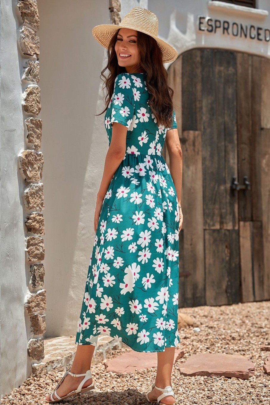 New Floral Short Sleeve Round Neck Spring/Summer Maxi Dress Dark Green