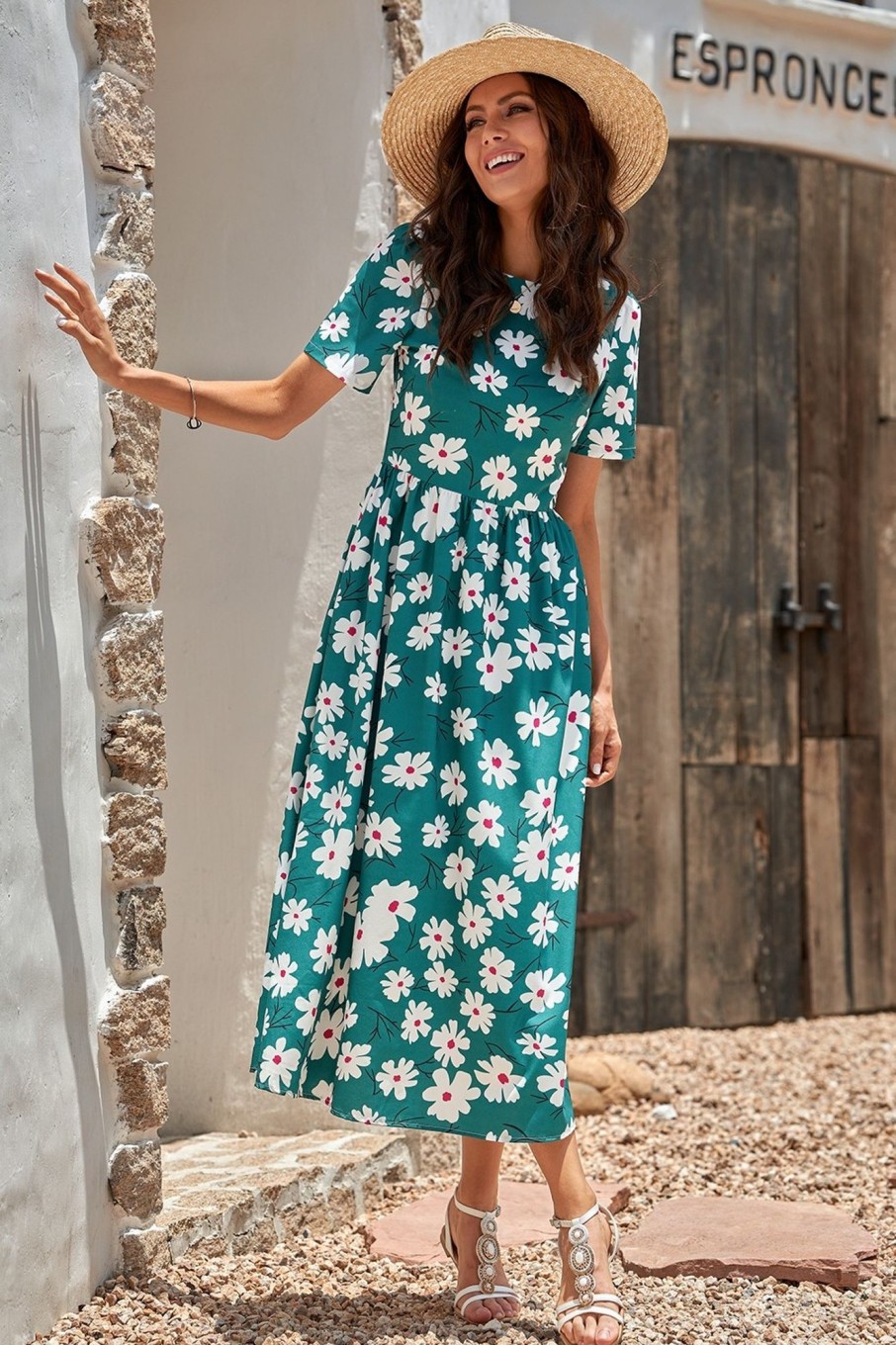 New Floral Short Sleeve Round Neck Spring/Summer Maxi Dress Dark Green