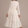 Clearance White Long Sleeve V Neck Crochet Lace Tiered Cotton Midi Dress As Picture