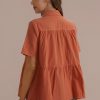 Hot Short Sleeve Collared Neck Cotton Top Salmon