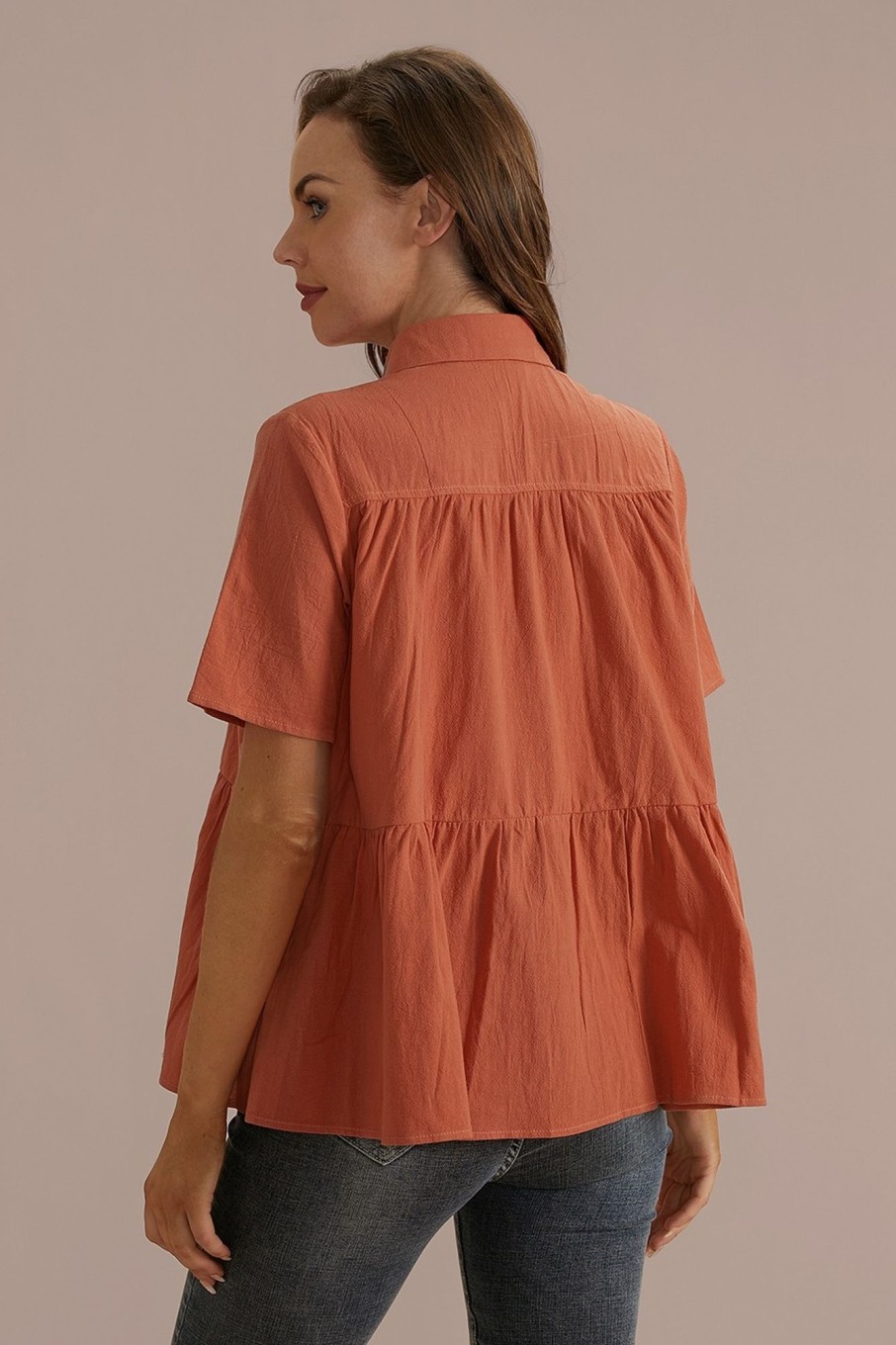 Hot Short Sleeve Collared Neck Cotton Top Salmon