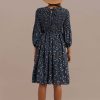 New 3/4 Length Sleeve Round Neck Natural Summer Floral Midi Dress Blue