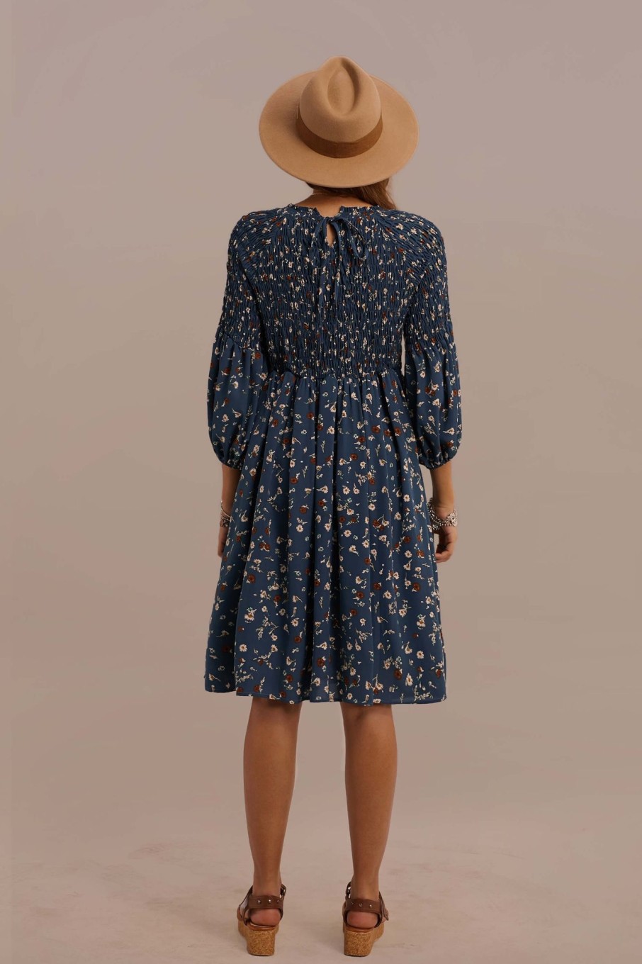 New 3/4 Length Sleeve Round Neck Natural Summer Floral Midi Dress Blue