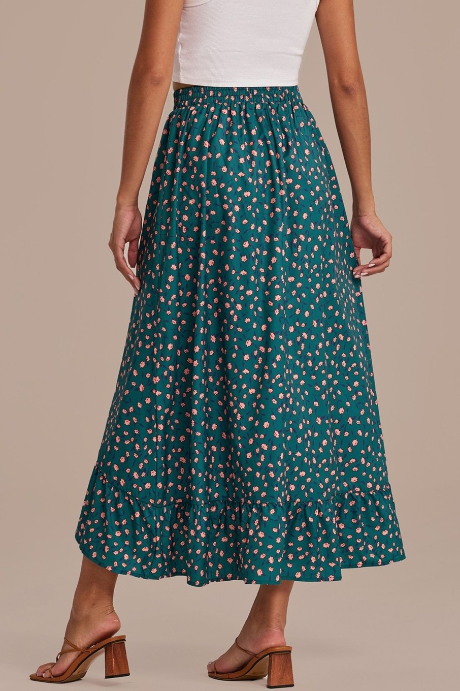 Wholesale Floral Elastic Waist Ruffle Midi Skirt Green