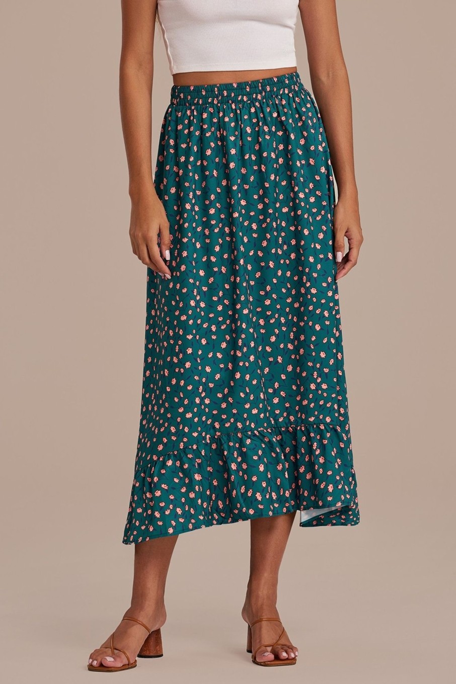 Wholesale Floral Elastic Waist Ruffle Midi Skirt Green