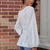 Hot Long Sleeve Square Neck Shirring Blouse White