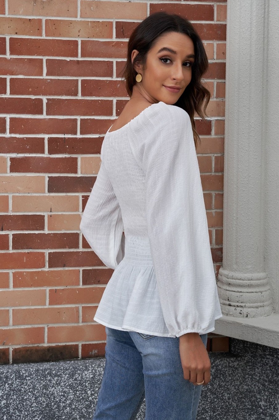 Hot Long Sleeve Square Neck Shirring Blouse White