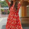 New Short Sleeve Round Neck Rayon Floral Midi Dress Rust