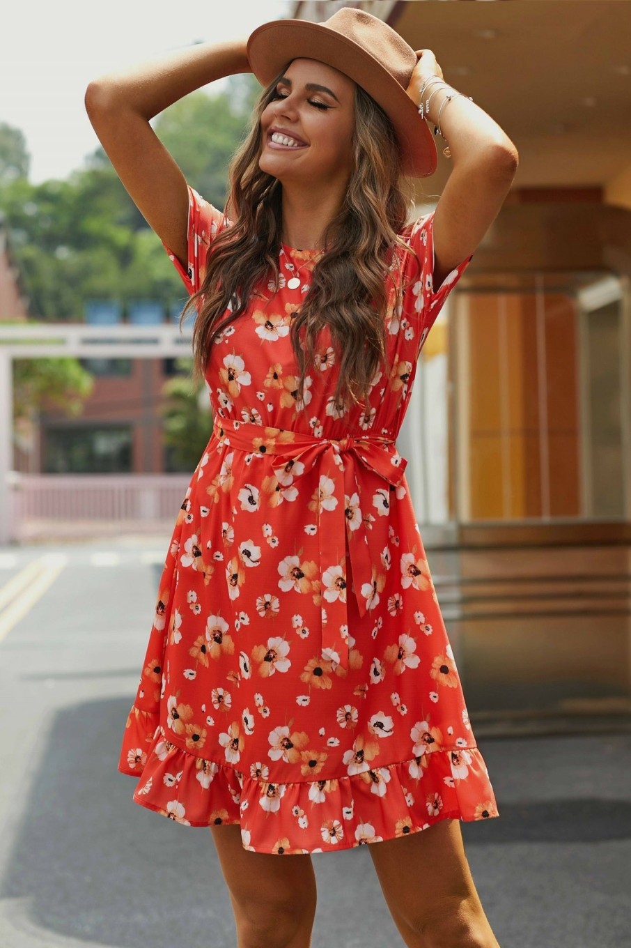 New Short Sleeve Round Neck Rayon Floral Midi Dress Rust