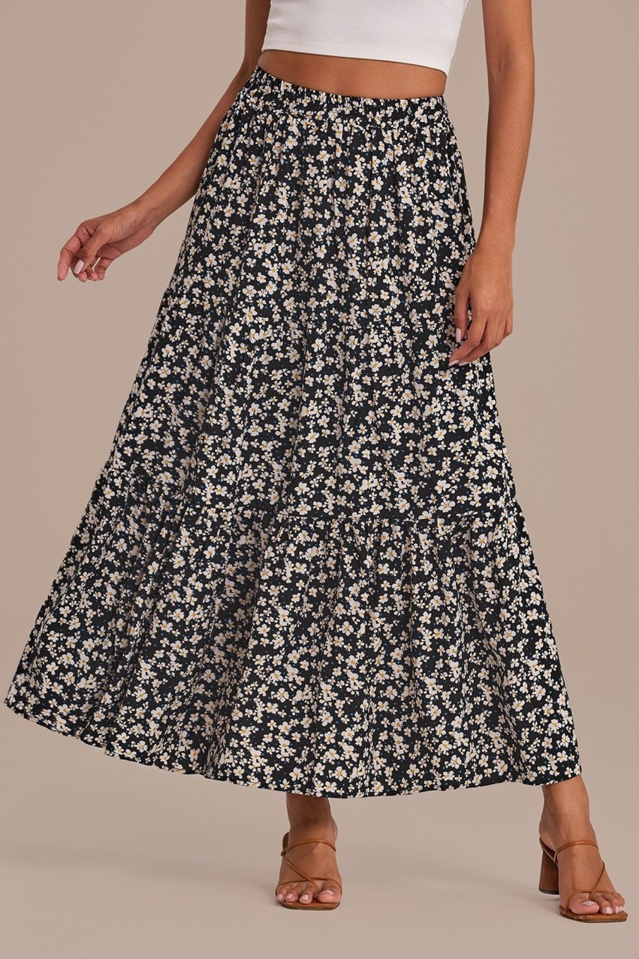 Best Floral Elastic Waist Tiered Maxi Skirt Paisley Drop