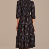 Clearance Palm Print Long Sleeve V Neck Smocked Midi Dress Black