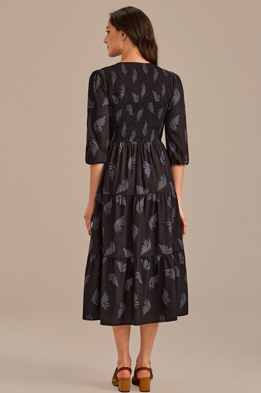 Clearance Palm Print Long Sleeve V Neck Smocked Midi Dress Black