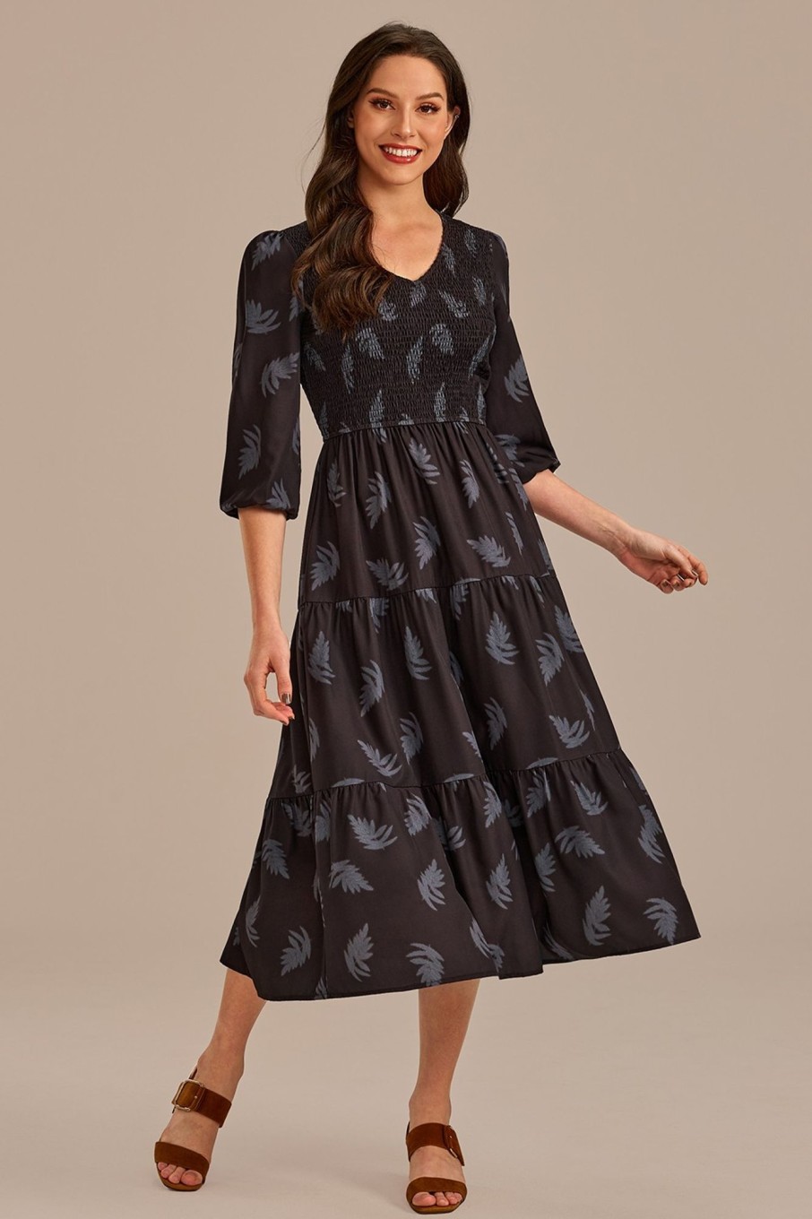 Clearance Palm Print Long Sleeve V Neck Smocked Midi Dress Black