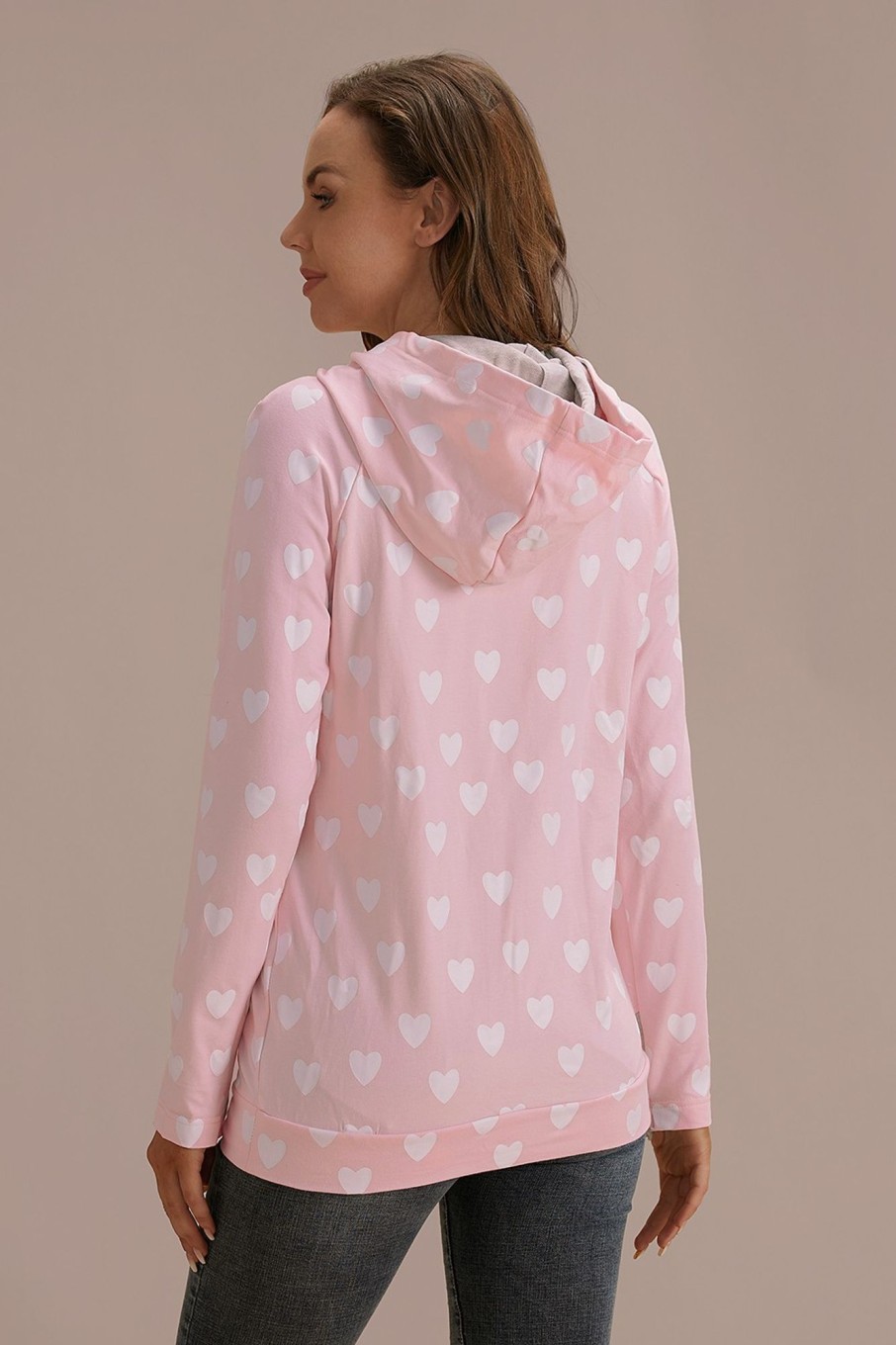 Clearance Sweetheart Print Long Sleeve Halfzip Side Pockets Hoodie Pink