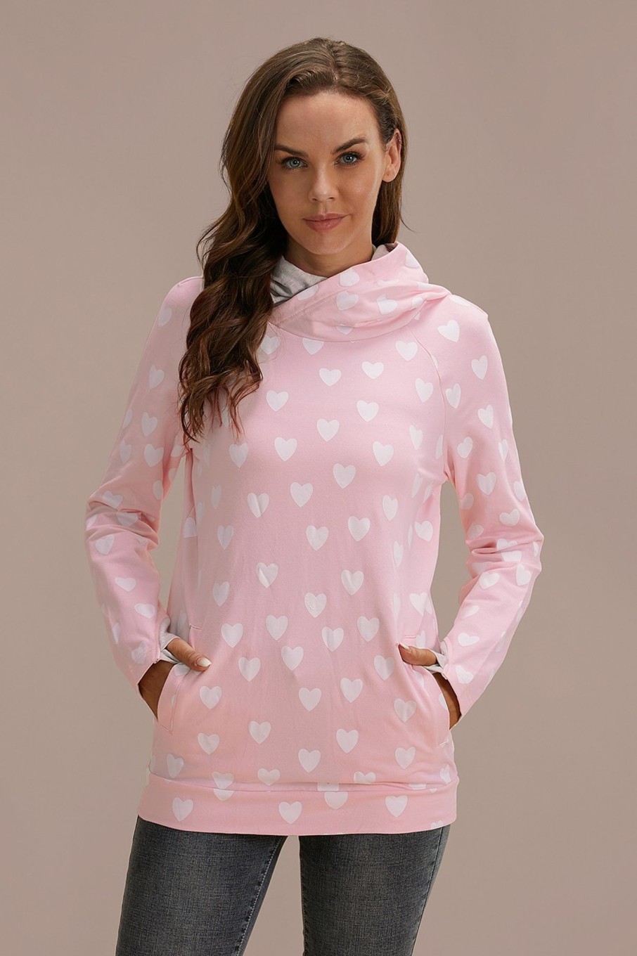 Clearance Sweetheart Print Long Sleeve Halfzip Side Pockets Hoodie Pink